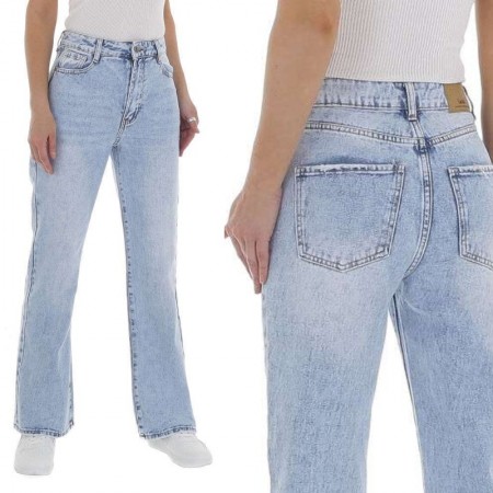 Pantalone jeans denim vita alta chiaro gamba larga...