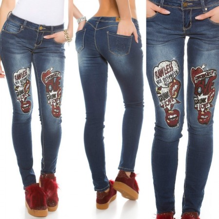Sexy Jeans Push Up Skinny Con Trendy  Comic Stampa Kiss Love
